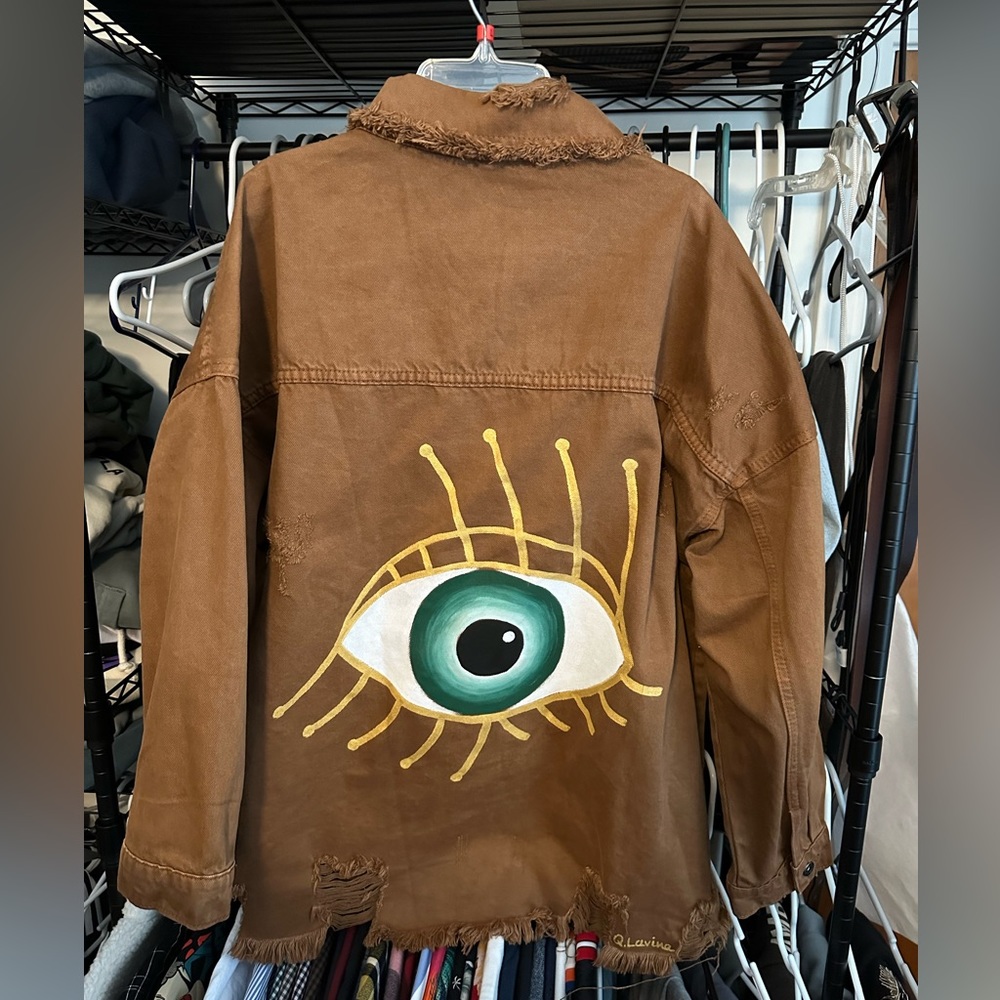 Unisex Custom Painted In Greece Evil Eye Distressed Denim Jacket Brown Size L/XL